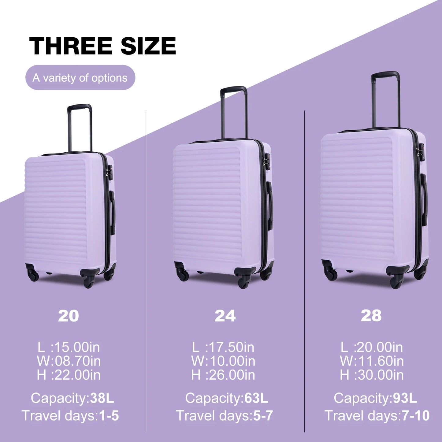 Lightweight 3 Piece Hardside Luggage Set with TSA Lock