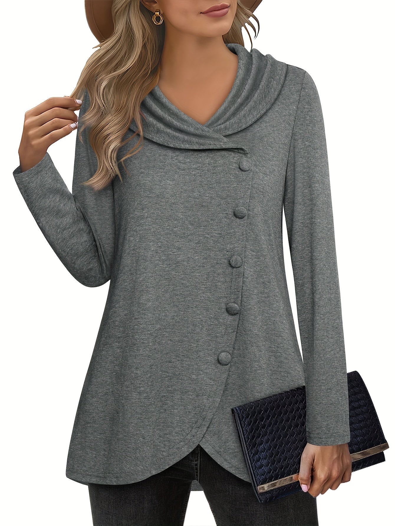 Long-sleeved Lapel Pullover Sweatshirt, Tulip Hem p